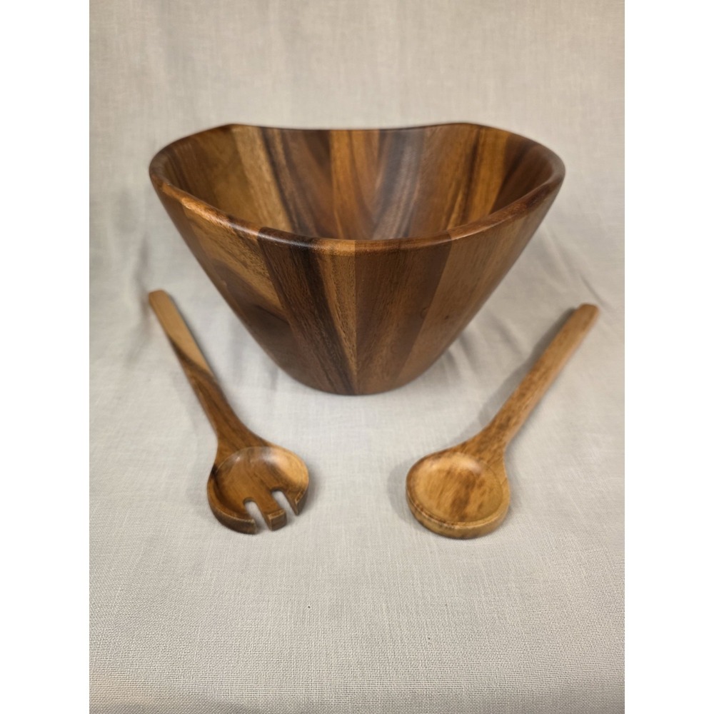 Lipper International Acacia Wood Wavy Rim Salad Bowl Set with Servers 3pc Large